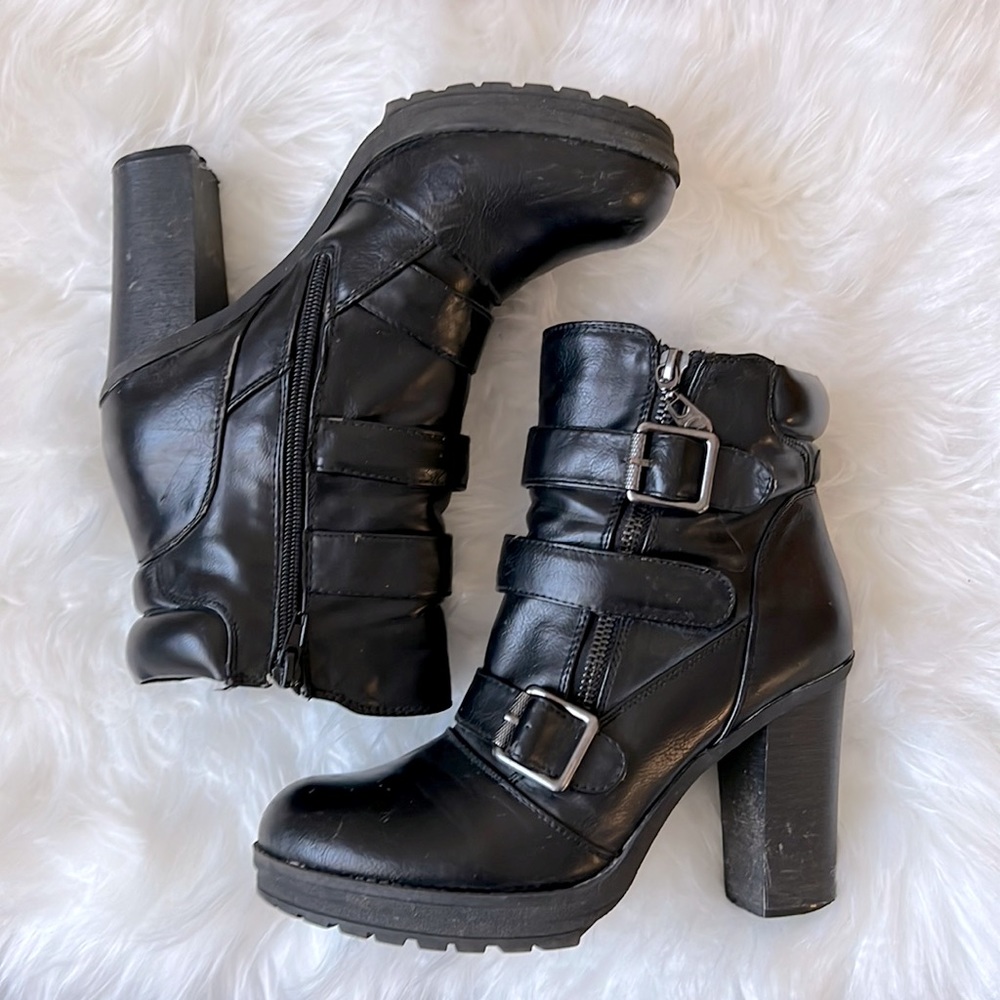 G by GUESS | Moto Belted Heeled Boots | Lug Sole | Black | All Manmade | SZ 7.5